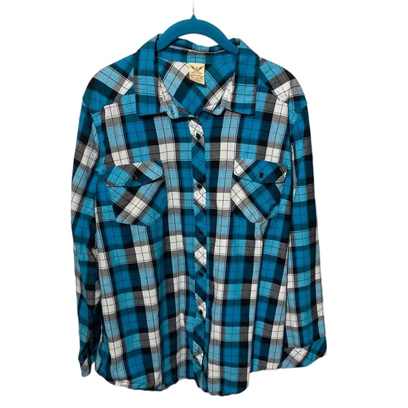 Tops - Women’s Long Sleeve Button Down Turquoise Plaid Top
